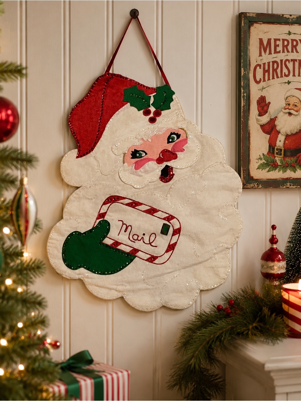 Vintage Christmas Card Holder Bucilla Santa Face Jeweled Mail Bag Kit 3404 1970s